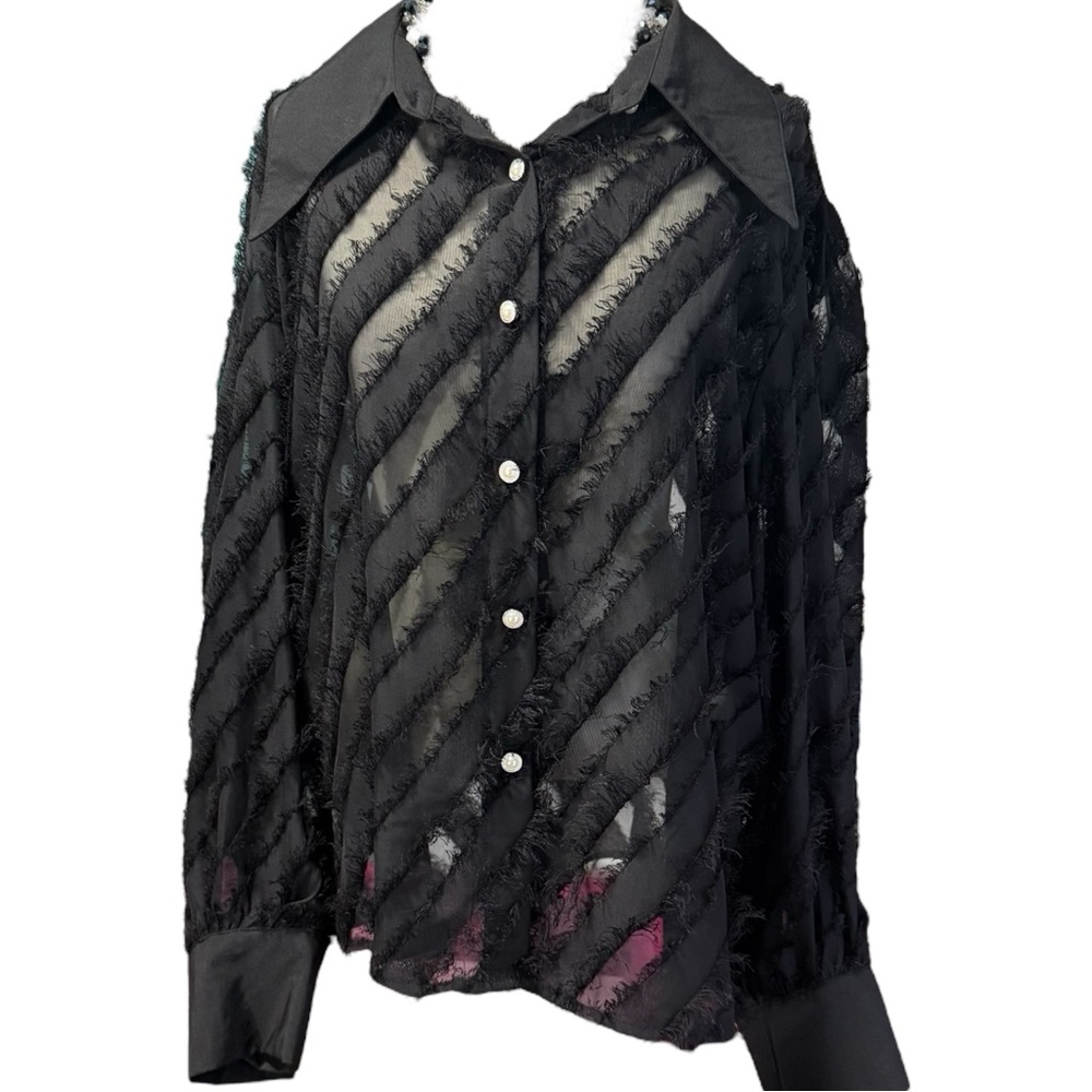 Retro 90s Sexy BLACK LACE MESH Shirt Satin Cuffs n Collar Rhinestone Buttons